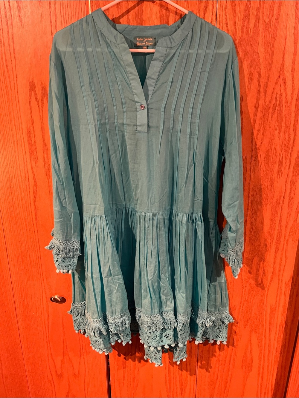 Teal Long-Sleeve Pintuck Tunic Dress with Lace Tassel Hem